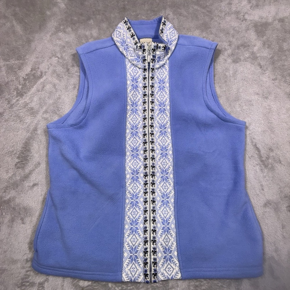 Vintage LL Bean Vest Women's Size L Blue Nordic Fair Isle Snowflake Fleece